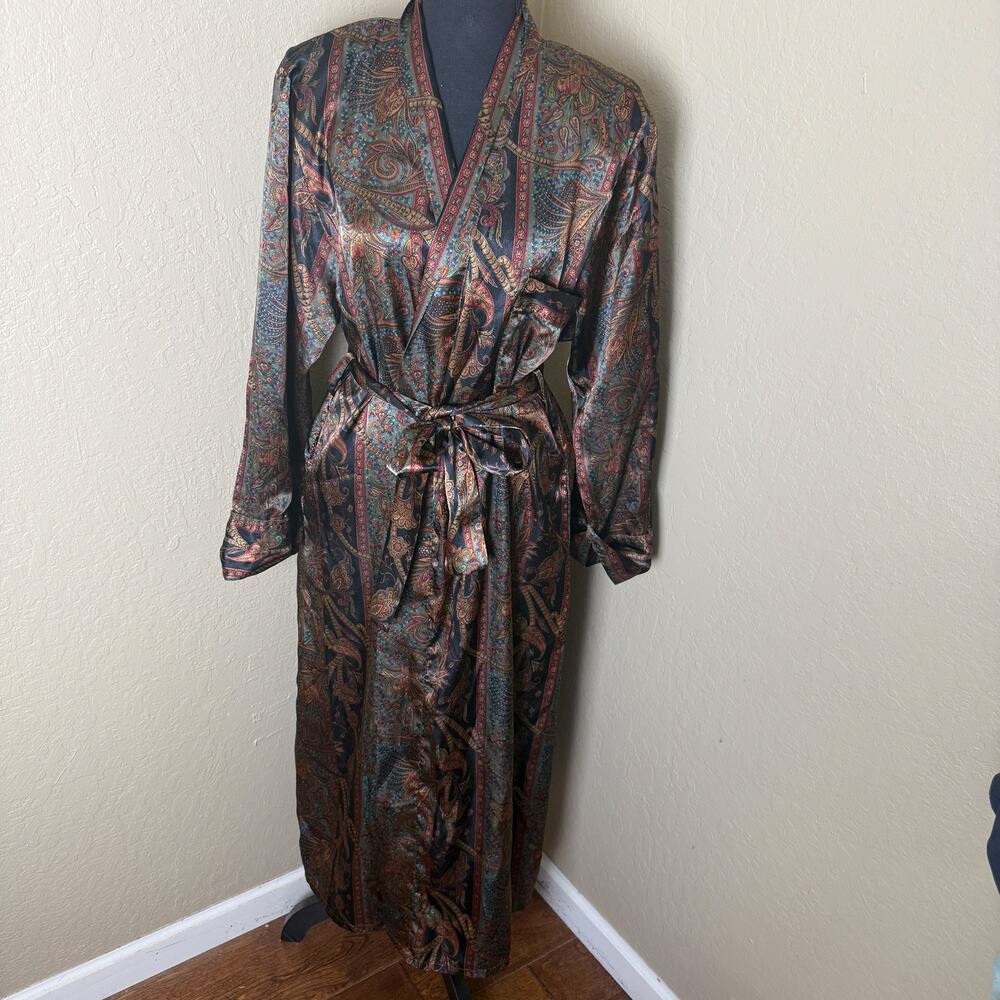 Lingerie Cacique Womens S Paisley Satin Robe Black Multicolor Long Belted
